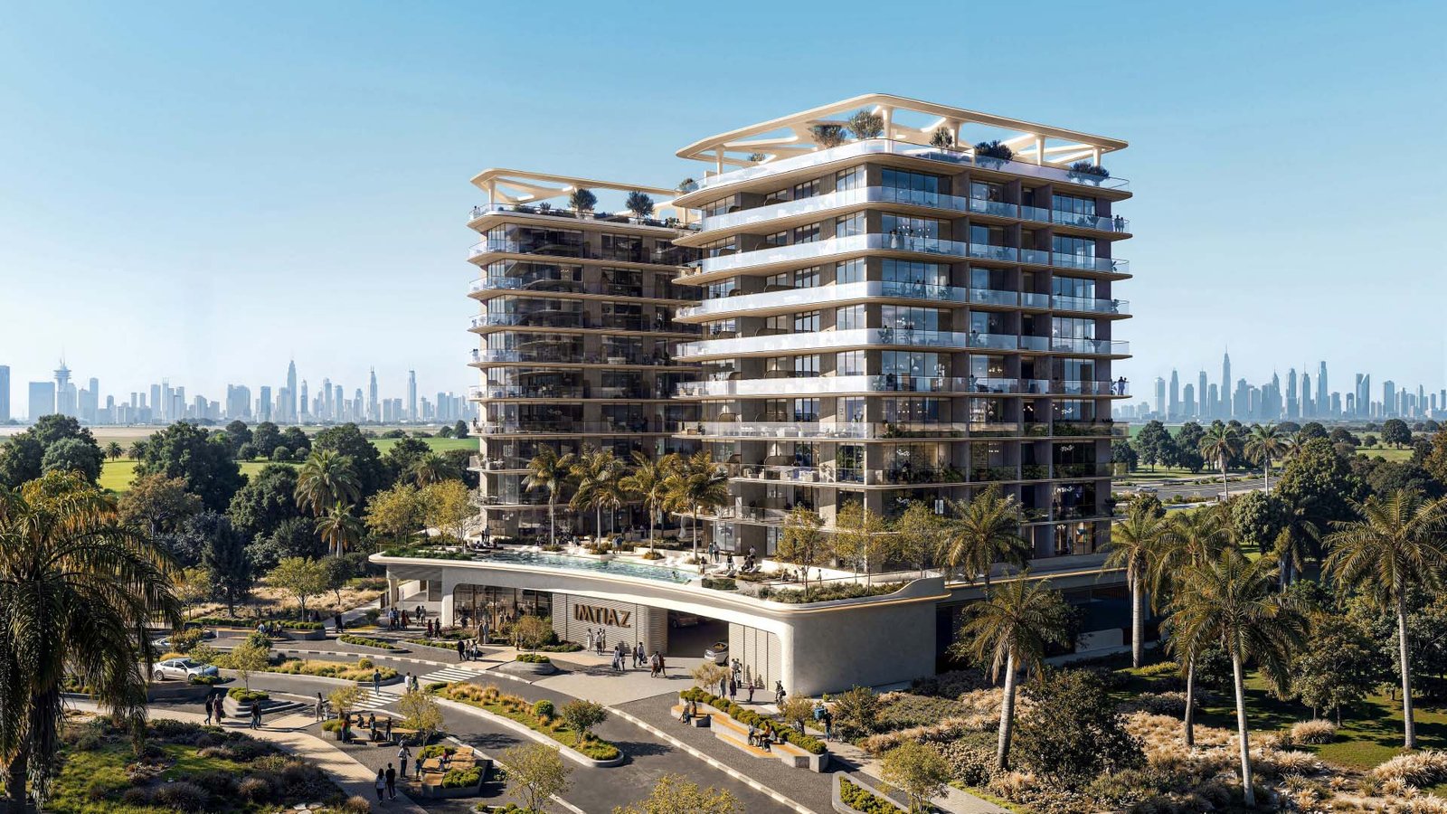 Inara Residences by Imtiaz Dubai South exterior view of modern residential building with skyline backdrop