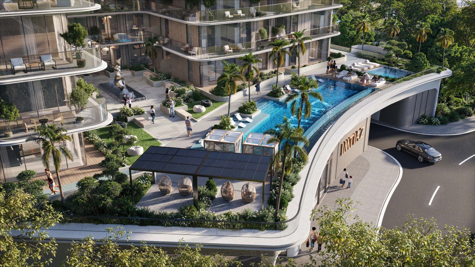 Inara Residences by Imtiaz Dubai South aerial view of pool deck and landscaped community entrance