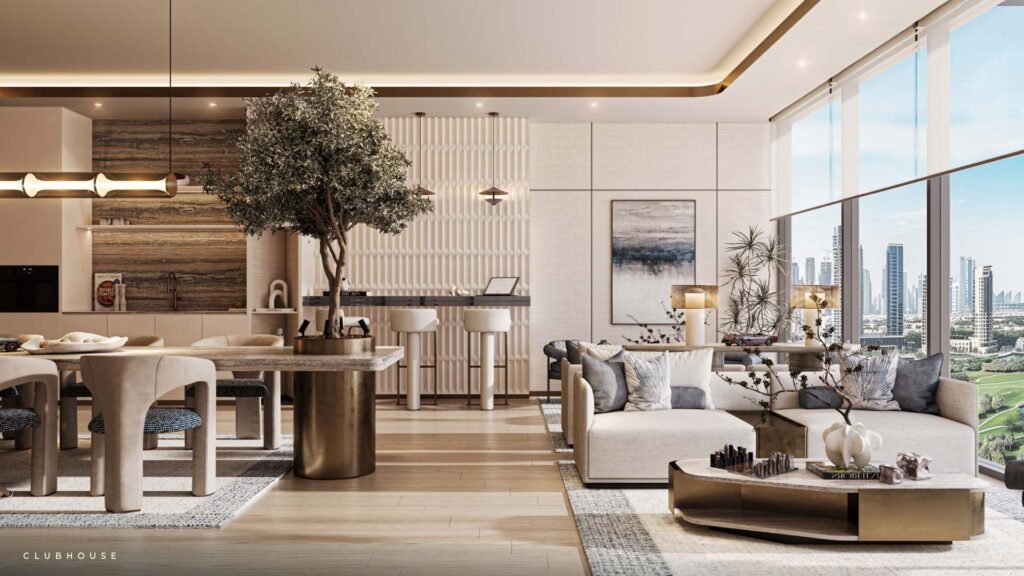 Inara Residences by Imtiaz Dubai South clubhouse lounge interior with panoramic city views