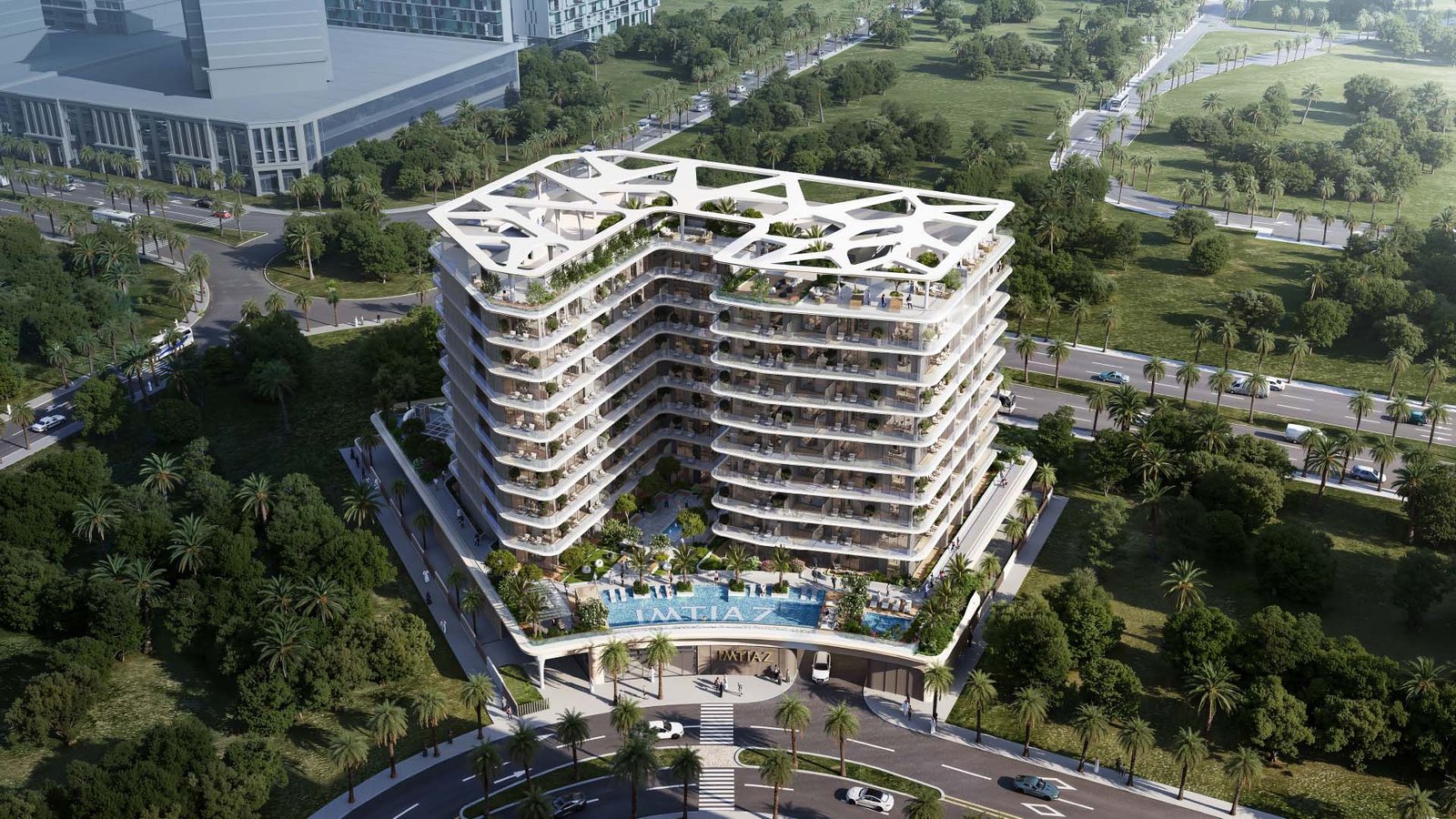 Inara by Imtiaz Dubai South aerial view of residential development and surrounding greenery