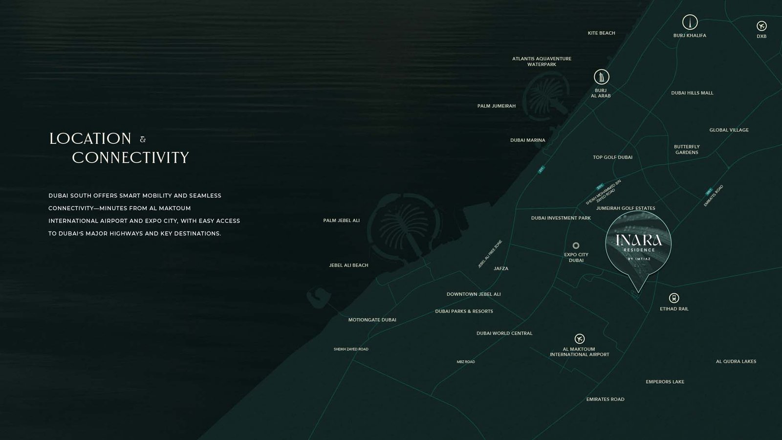 Inara by Imtiaz Dubai South location map showing connectivity and nearby landmarks